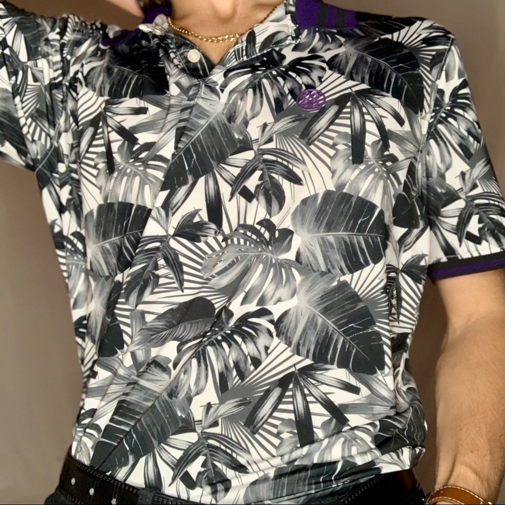 G/FORE Black and White Leaf Pattern Polo